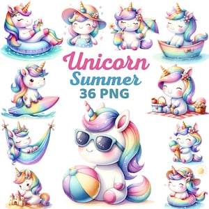 Clipart di unicorno carino acquerello, sublimazione della scuola materna della ragazza dell'unicorno arcobaleno della spiaggia estiva, pacchetto doccia per bambini di compleanno dell'amante dell'unicorno Kawaii Png