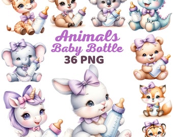 Cute Baby Animals with Baby Bottle Clipart, Watercolor Purple Lilac Animal Nursery, Birthday Bear Elephant Safari Jungle Baby Shower Png