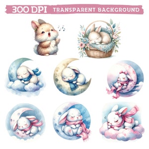 May include: A set of eight watercolor illustrations featuring cute bunnies in various poses. Some bunnies are sleeping on a crescent moon, while others are singing or sleeping in a basket. The illustrations are perfect for adding a touch of whimsy to any project.