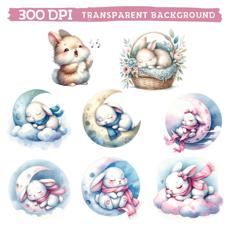 May include: A set of eight watercolor illustrations featuring cute bunnies in various poses. Some bunnies are sleeping on a crescent moon, while others are singing or sleeping in a basket. The illustrations are perfect for adding a touch of whimsy to any project.