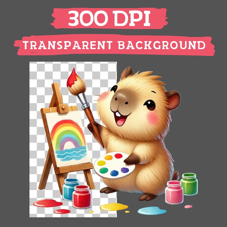 May include: A cartoon capybara holding a paintbrush and a paint palette with colorful paint. The capybara is standing in front of an easel with a rainbow and water painted on the canvas. There are paint spills on the floor.