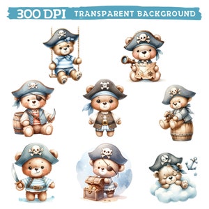 May include: Nine illustrations of cute teddy bears dressed as pirates. Each bear is wearing a blue and white pirate hat with a skull and crossbones, a blue bandana, and a brown pirate vest. The bears are holding various pirate-themed items, such as a treasure chest, a telescope, a steering wheel, a sword, and a map. The illustrations are done in a watercolor style and have a whimsical and playful feel.