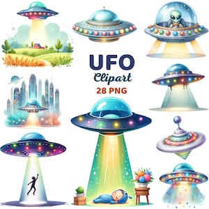 以下が含まれることがあります： 28種類のカラフルな漫画のUFOクリップアート画像のセット。UFOは様々な形とサイズで、窓やライト、さらには宇宙人まで付いています。クリップアートは、どんなプロジェクトにも楽しくて気まぐれなタッチを加えるのに最適です。