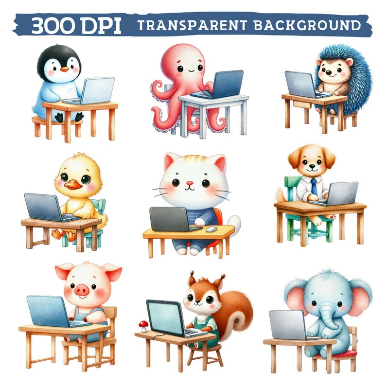 Computer Animals Clipart, Watercolor Cute Animal Working on Laptop for ...