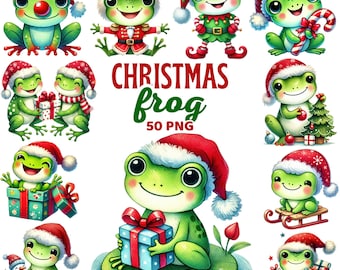 Christmas Frog Clipart, Watercolor Cute Holiday Frogs, Nursery Decor, Winter Xmas Animal, Amphibian, Santa Hat, Festive Frog Png
