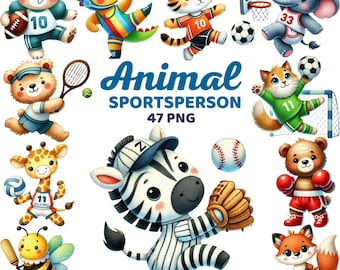 Cute Animal Sportsperson Clipart, Watercolor Kids Sport, Athlete Nursery Decor, Baseball Soccer Football Jungle Woodland Animals Sports Png