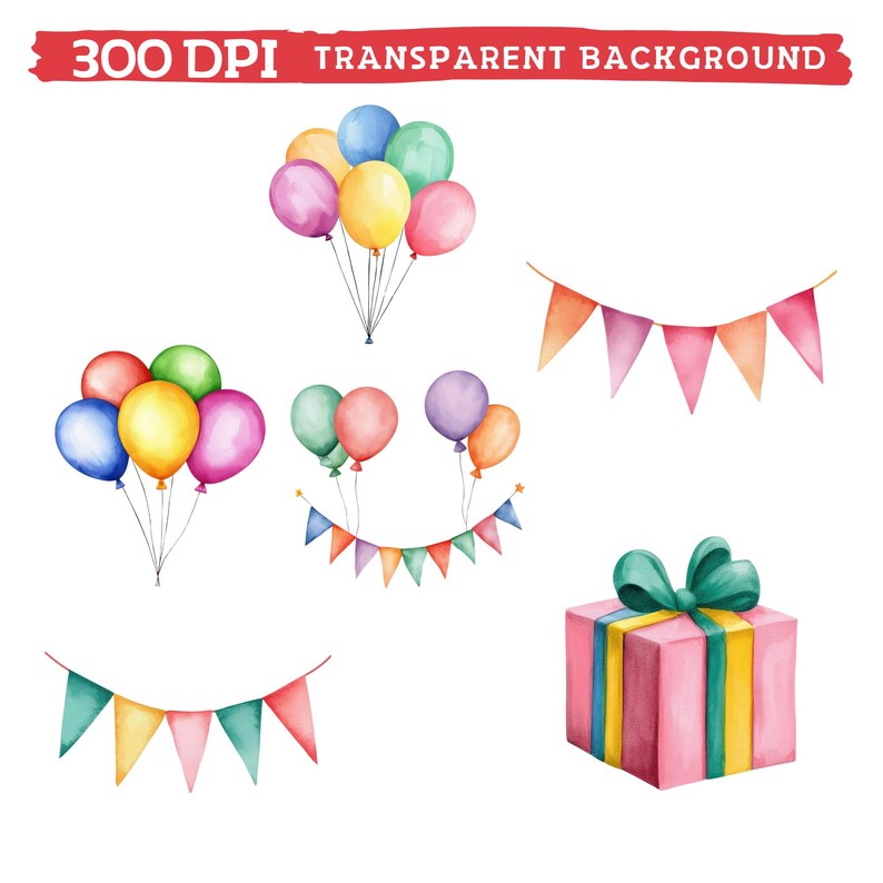 Cute Birthday Clipart, Watercolor Cake, Balloons, Party Animals ...