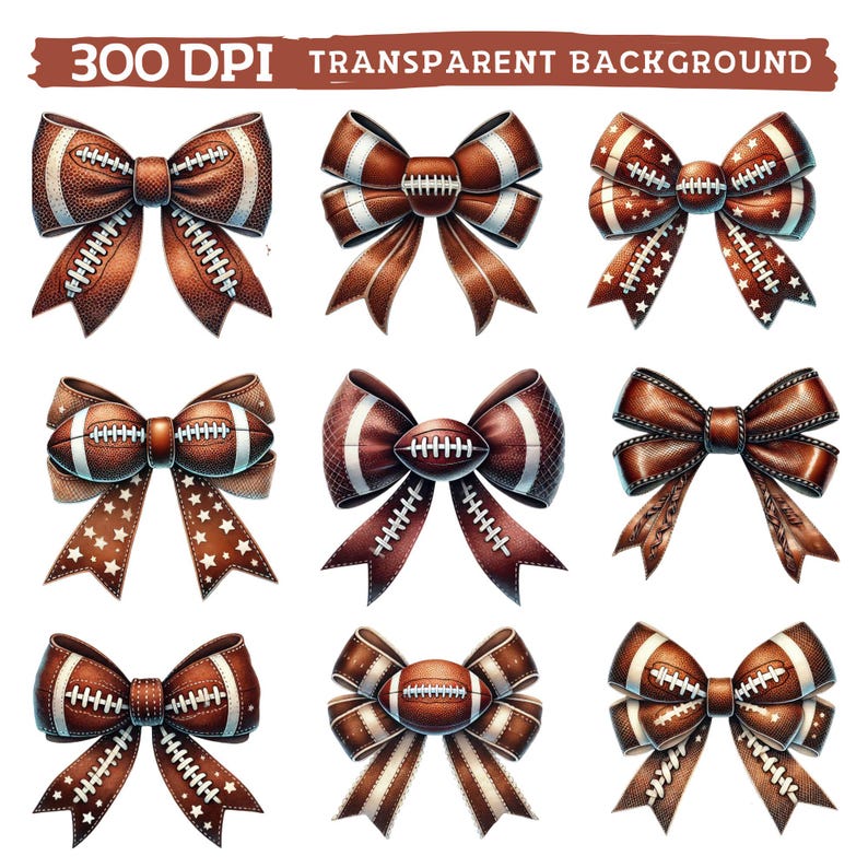 May include: Nine brown and white football-themed bows with a variety of patterns. The bows are isolated on a white background.