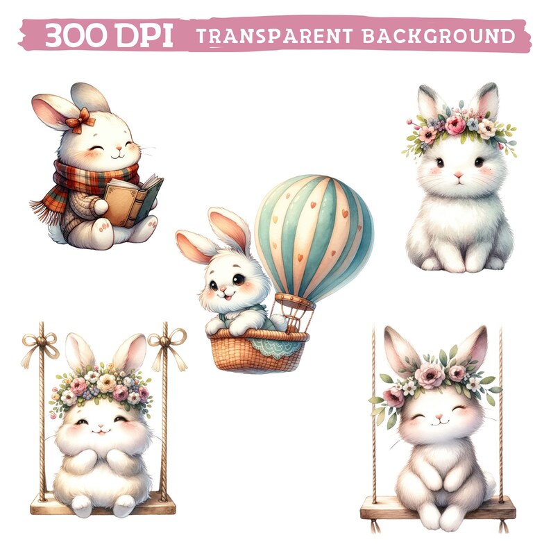 May include: Five illustrations of cute white bunnies with different accessories. One bunny is reading a book, another is in a hot air balloon, another is wearing a flower crown, and two are on swings.