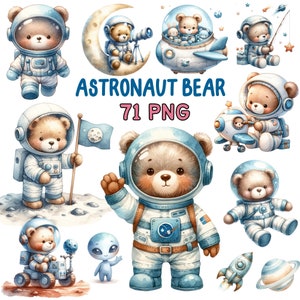 Op de afbeelding: Een set van 71 digitale illustraties van schattige cartoonberen die als astronauten zijn verkleed. De beren staan in verschillende poses, waaronder het vasthouden van vlaggen, het rijden op raketten en het vliegen in ruimteschepen. De illustraties zijn perfect om leuke en fantasierijke ontwerpen te maken voor kinderproducten, zoals kleding, kantoorbenodigdheden en woonaccessoires.
