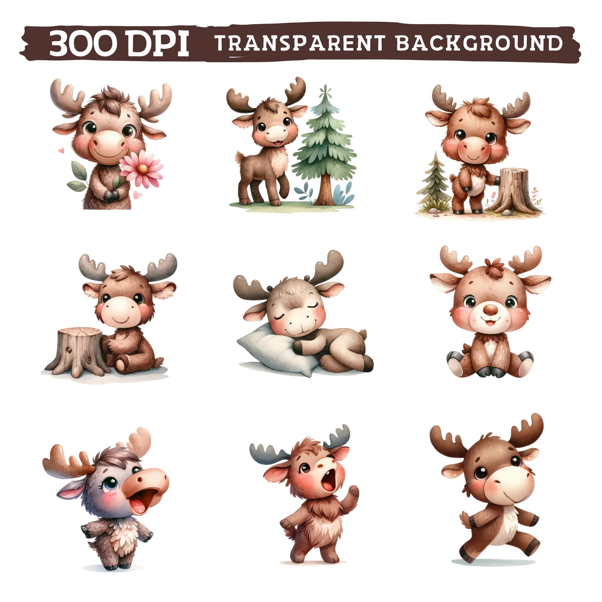 Adorable Moose Clipart, Watercolor Cute Baby Moose Nursery, Woodland ...