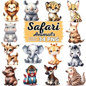 Watercolor Cute Safari Animals Clipart, Baby Animal Nursery Kids Boy Girl Sublimation, Wild Animals, Jungle Baby Animal Clipart Png Bundle