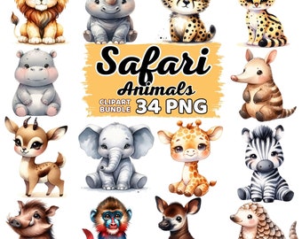 Watercolor Cute Safari Animals Clipart, Baby Animal Nursery Kids Boy Girl Sublimation, Wild Animals, Jungle Baby Animal Clipart Png Bundle