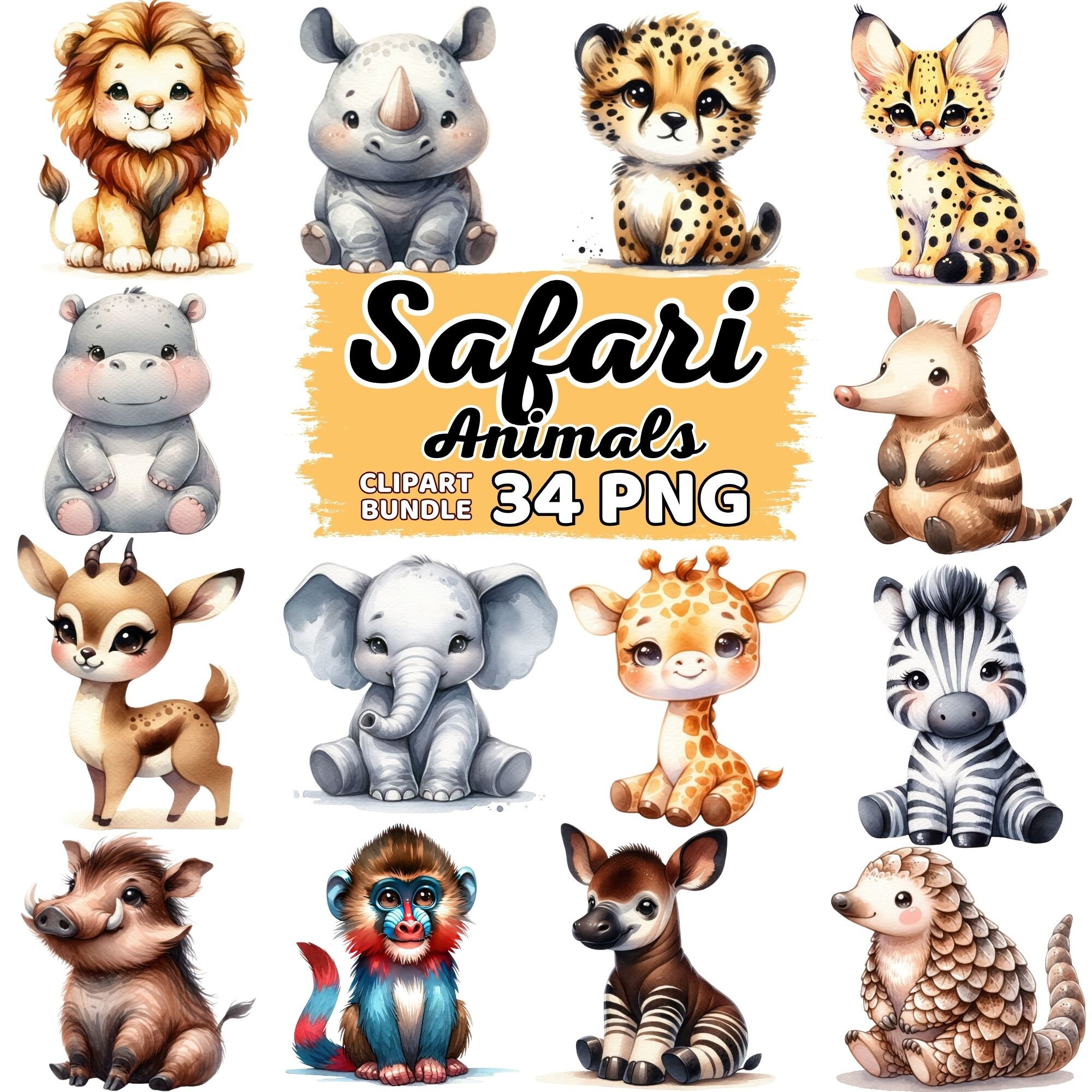 Watercolor Cute Safari Animals Clipart, Baby Animal Nursery Kids Boy Girl Sublimation, Wild Animals, Jungle Baby Animal Clipart Png Bundle