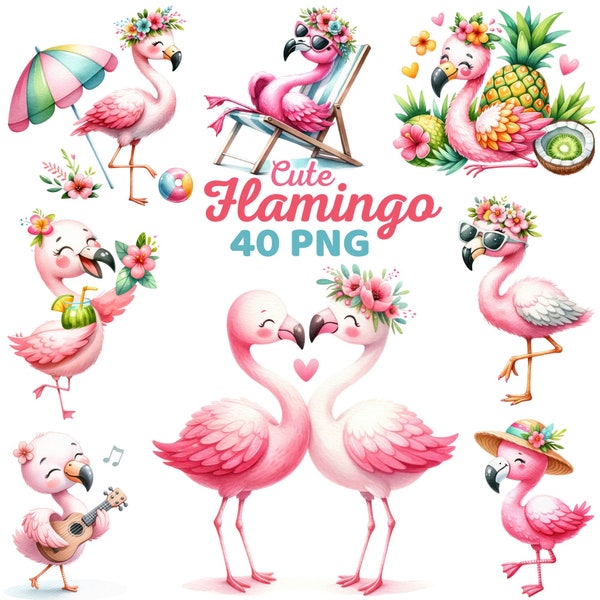 Clipart flamant rose mignon aquarelle, chambre d'enfant flamant rose de plage, fleur tropicale rose animal fille enfants fête d'anniversaire Bundle Png