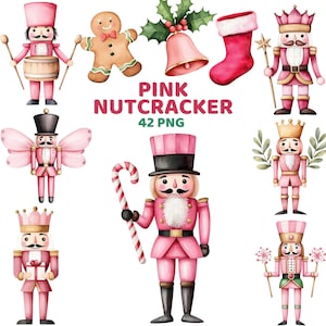 Pink Christmas Nutcracker Clipart, Watercolor Holiday Nutcracker Soldier, Nursery Decor, Festive Elements, Traditional Christmas, Xmas Png