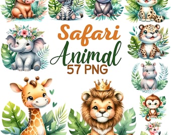Może przedstawiać: Zestaw 57 cyfrowych ilustracji uroczych zwierząt z sawanny, w tym lwa, żyrafy, słonia, zebry, małpy, hipopotama, flaminga i innych. Każde zwierzę jest przedstawione w kreskówkowym stylu z akwarelowymi teksturami i otoczone bujną zielenią.