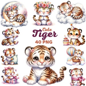 Schattige tijger clipart, aquarel grillige kinderkamer gezellige tijger slaap op maan, lieve baby tijger, safari bos verjaardagsfeestje babyshower png