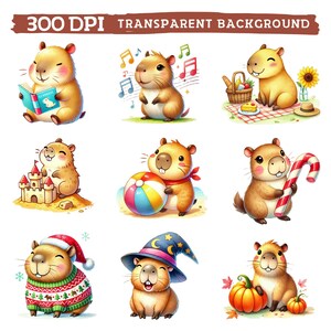 May include: Nine illustrations of cute cartoon capybaras in various poses and settings. The capybaras are depicted wearing hats, holding objects, and engaging in activities such as reading, playing music, and relaxing.