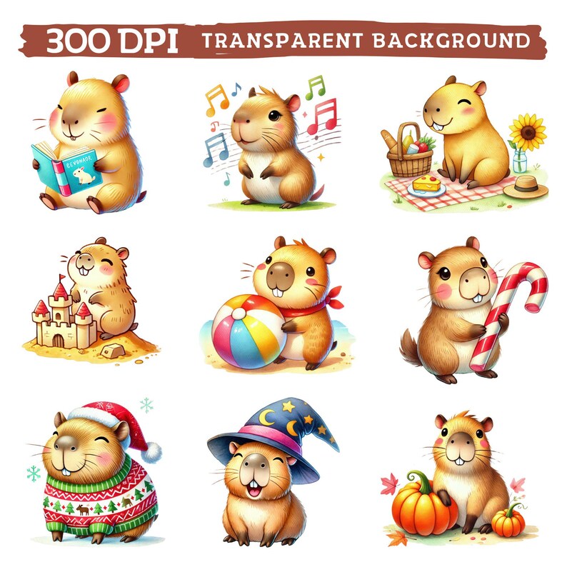 May include: Nine illustrations of cute cartoon capybaras in various poses and settings. The capybaras are depicted wearing hats, holding objects, and engaging in activities such as reading, playing music, and relaxing.