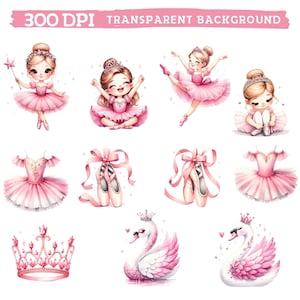 Op de afbeelding: Een set digitale illustraties met een ballerina in verschillende poses, een zwaan, een kroon en balletten. De illustraties zijn in aquarelstijl met roze, witte en gouden accenten.