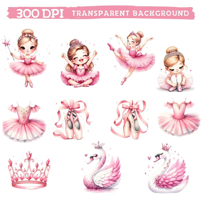 Op de afbeelding: Een set digitale illustraties met een ballerina in verschillende poses, een zwaan, een kroon en balletten. De illustraties zijn in aquarelstijl met roze, witte en gouden accenten.