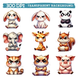 Funny Grumpy Animals Clipart, Watercolor Cute Angry, Nursery Decor ...