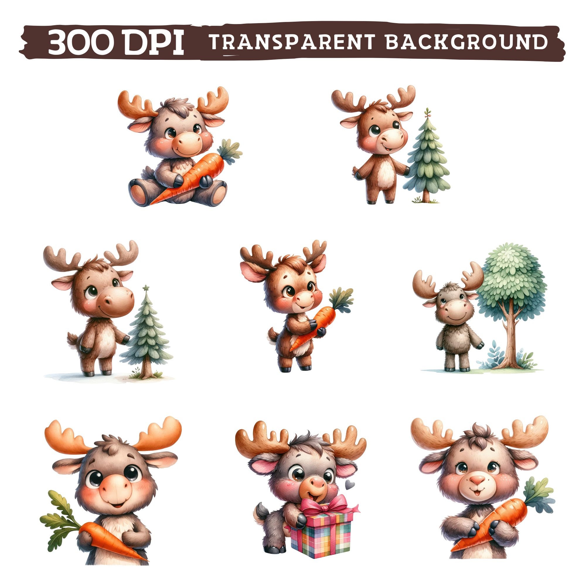 Adorable Moose Clipart, Watercolor Cute Baby Moose Nursery, Woodland ...