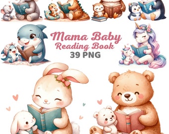 Imágenes prediseñadas de una linda mamá y su bebé leyendo un libro, libro de lectura de animales del bosque en acuarela para guardería, personajes infantiles, Día de la Madre
