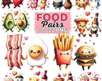 Aquarel schattig kawaii perfect paar eten Valentijn clipart, hamburger en friet spek, ei sushi, perfecte match grappige Valentijnsdag png