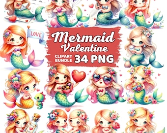 Watercolor Cute Mermaid Valentines Clipart Png, Nursery Girl Valentine's Day Sublimation, Kawaii Mermaid Clipart Bundle Png
