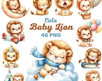 Cute Baby Lion Clipart, Watercolor Playful Baby Animals Nursery Decor, Roaringly Adorable Lion Safari Kids Birthday Party Baby Shower Png