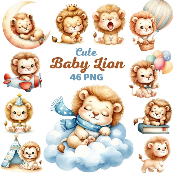 Cute Baby Lion Clipart, Watercolor Playful Baby Animals Nursery Decor, Roaringly Adorable Lion Safari Kids Birthday Party Baby Shower Png