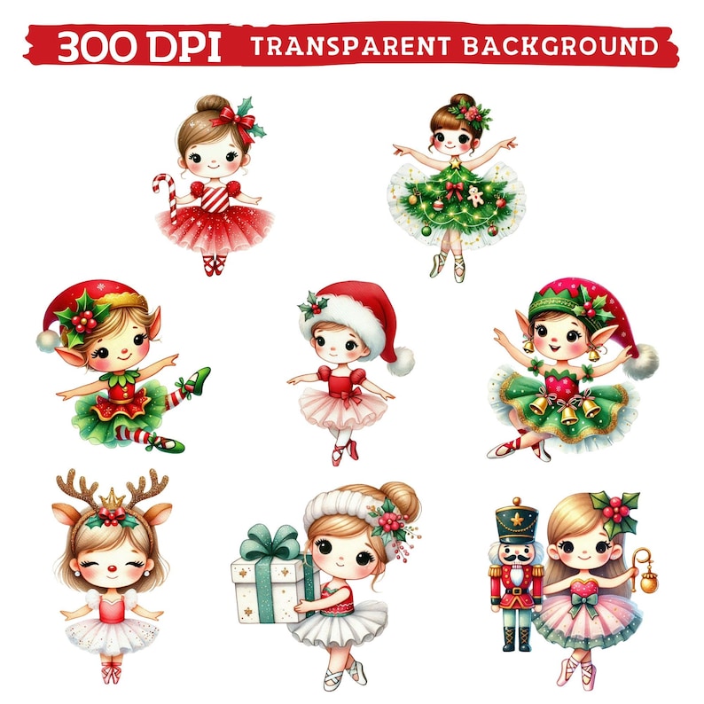 May include: A collection of whimsical Christmas-themed illustrations featuring adorable cartoon characters. The images include figures dressed as elves, ballerinas, and characters with festive accessories like reindeer antlers and Santa hats. The text at the top reads "300 DPI TRANSPARENT BACKGROUND."