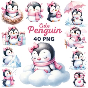 Watercolor Cute Penguin Clipart Png, Kawaii Penguin Sleeping on Cloud Nursery, Pink Bow Penguins Lover Birthday Kids Girl Baby Shower Png