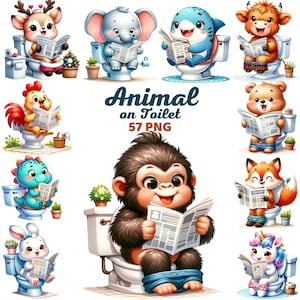 トイレにいるかわいい動物のクリップアート、新聞を読む水彩画の面白い動物、クマとウサギの森のジャングルの動物、陽気なバスルームの装飾のPNG