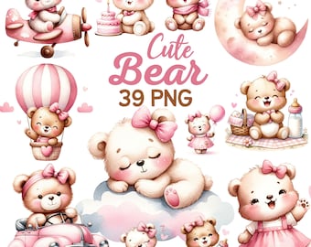 Watercolor Cute Baby Girl Bear Clipart, Sweet Bear Pink Nursery Sublimation, Bear Sleeping on Moon Cloud Birthday Newborn Baby Shower Png