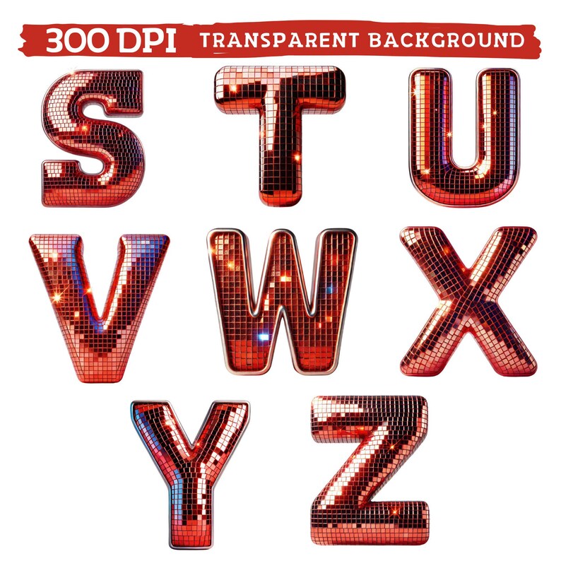 Retro Disco Alphabet Clipart, Red Shiny Mirror Ball Letters & Numbers ...