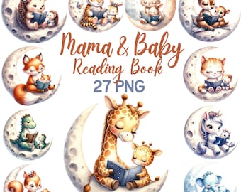 Clipart de animales de mamá y bebé leyendo, cuentos acogedores de acuarela en la luna, lindo libro de lectura de animales del bosque para guardería, Día de la Madre PNG