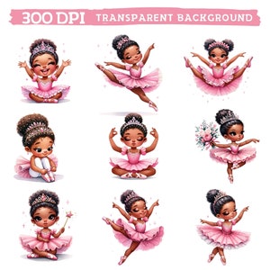 Op de afbeelding: Set van negen digitale illustraties van een jonge zwarte ballerina in verschillende poses. De ballerina draagt een roze tutu en een tiara. De achtergrond is transparant.