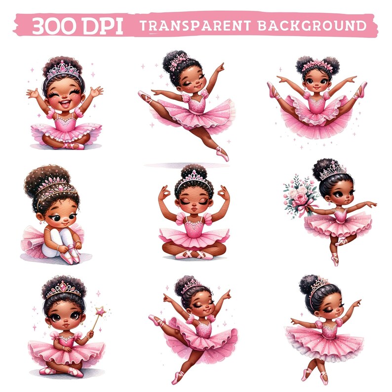 Op de afbeelding: Set van negen digitale illustraties van een jonge zwarte ballerina in verschillende poses. De ballerina draagt een roze tutu en een tiara. De achtergrond is transparant.
