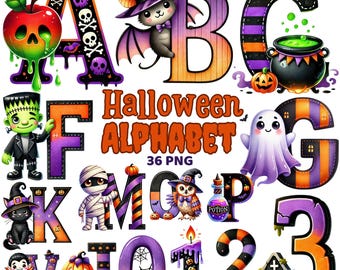 Gruseliges Halloween Alphabet Clipart, Aquarell Buchstaben & Zahlen, Kinderzimmer Halloween Dekor, Kindergarten Buchstaben, ABC Halloween Alphabet Png