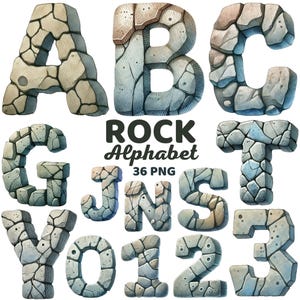 Rock Alphabet Clipart, Letras e Números de Pedra, Rocha Rachada, Geológico, Aventura, Sublimação de Fonte da Era Pré-Histórica, Letras do Homem das Cavernas Png