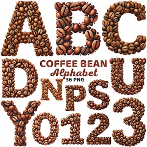 Alfabeto de grãos de café, letras e números de café, sublimação de amantes de café, letra de barista, alfabeto de cafeína png