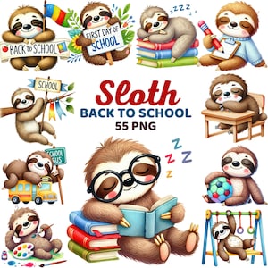 Sloth Back to School Clipart, Watercolor Cute Teachers Kids, Classroom Decor, Kindergarten, Boy, Pre-k, Education, Learning Bundle Png