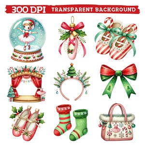 May include: Watercolor illustrations of Christmas-themed ballet items. Includes a snow globe with a ballerina, ballet shoes, a stage, a headband, a bow, a purse, and Christmas stockings. The text "300 DPI TRANSPARENT BACKGROUND" is at the top.