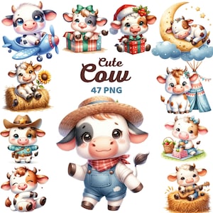 Linda vaca clipart, vivero de vacas bebé acuarela, vaca durmiendo en la luna, vaca con flores, animales de granja, fiesta de cumpleaños de los niños baby shower png
