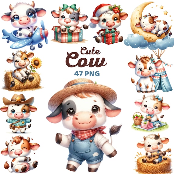 Cute Cow Clipart, Watercolor Baby Cow Nursery, Cow Sleep on Moon,  Cow with Floral, Farm Animals, Kids Birthday Party Baby Shower Png