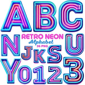 Retro Neon Alphabet Clipart, Glowing Letters & Numbers, Colorful Neon Lettering, 90s, 80s Neon Font Alphabet Png