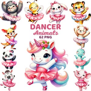 ダンサー動物クリップアート、水彩ピンクのチュチュバレリーナ、かわいいバレリーナ動物保育園、踊るバレエフラミンゴプリンセス誕生日キッズPNG